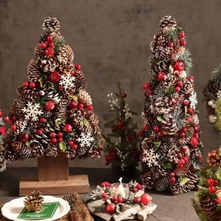 Kaige Natural Pine Cone Decorative Christmas Tree with Snowflakes, Berries, and Wooden Dual Tea Light Holder Base, Festive Table Centerpiece